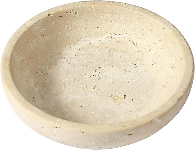 Travertine Decorative Bowl Serving Tray, 7.8" Natural Stone Centerpiece for Dining Table, Round Ottoman Decor, Housewarming Gifts Key Bowl for Entryway Table New Home Apartment Must Haves Essentials