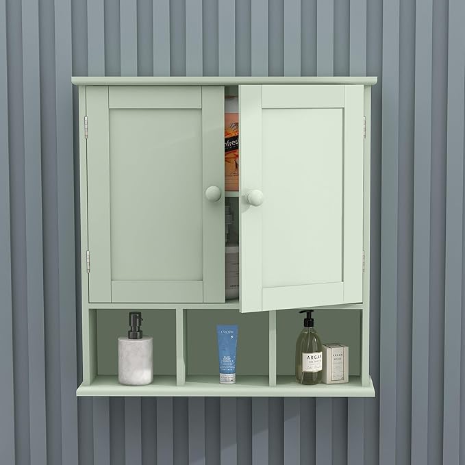 TaoHFE Green Over The Toilet Storage Cabinet with 2 Door Adjustable Shelves, White Wall Mounted Medicine Cabinet for Bathroom Laundry Kitchen