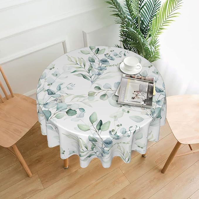 Kawani Spring Summer Leaf Floral Sage Green Tablecloth Round 60 Inch Ruitic Watercolor Table Cloth Waterproof Fabric Farmhouse Green Grey Leaves Tablecloths Decorative for Holiday Home Party
