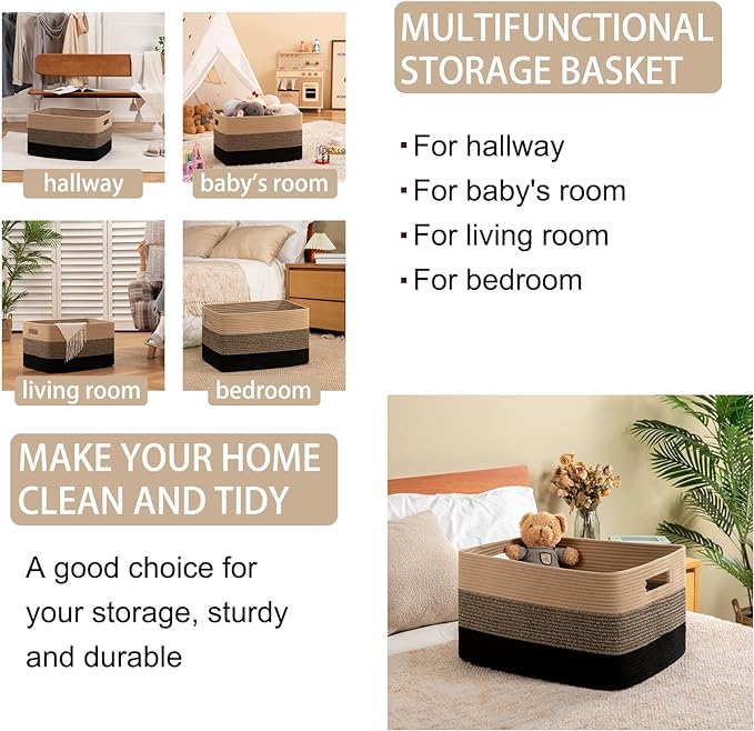 OIAHOMY Large Blanket Basket, 22”x17”x12” Rectangle Woven Baskets, Nursery Blanket Storage Living Room, Toy Storage With Handle, Large Baskets for Organizing-Yellow Black