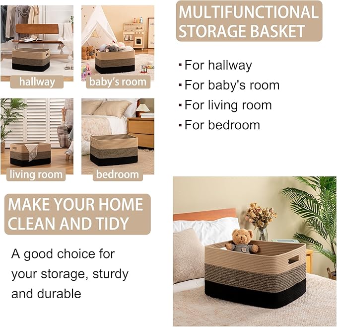 OIAHOMY 108L Large Cotton Rope Basket, Rectangle Woven Baskets for Storage, Nursery Blanket Storage Living Room, Toy Basket With Handle-25”x16”x16”-Yellow Black