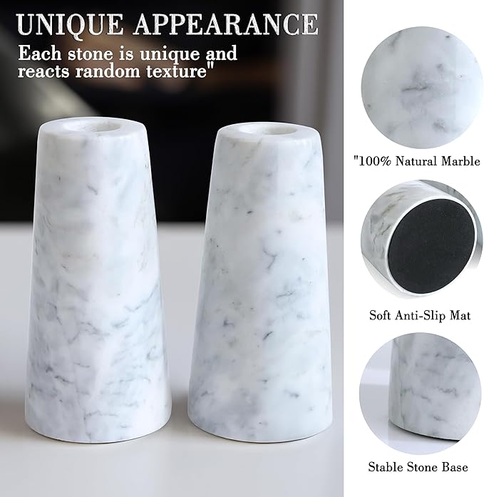 HofferRuffer Marble Candlestick Holders，Set of 2 Natural Stone Candle Holder Decorative Candle Stands for Wedding, Dinning, Party, Table Centerpieces, Fit 3/4'' Thick Taper Candles (Grey White)