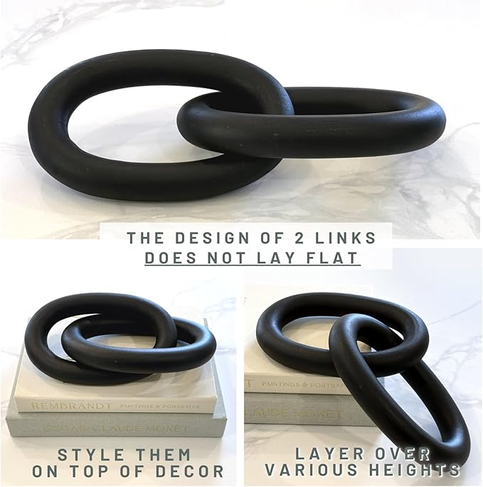 Wood Chain Link Decor – 13” Black Wooden Decorative Object for Coffee Table Decor & Neutral Decor for Home – Modern Knot Accent for Shelf Styling, Books, or Housewarming Gifts