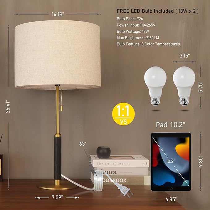26.4" Set of 2 Modern Living Room Table Lamp for End Tables Bedside Lamps for Bedroom 3-Color Temperatures Pull Chain Switch Lamp Wood Fabric for Home/Office/Desk Decor (Light Brown+Brass)