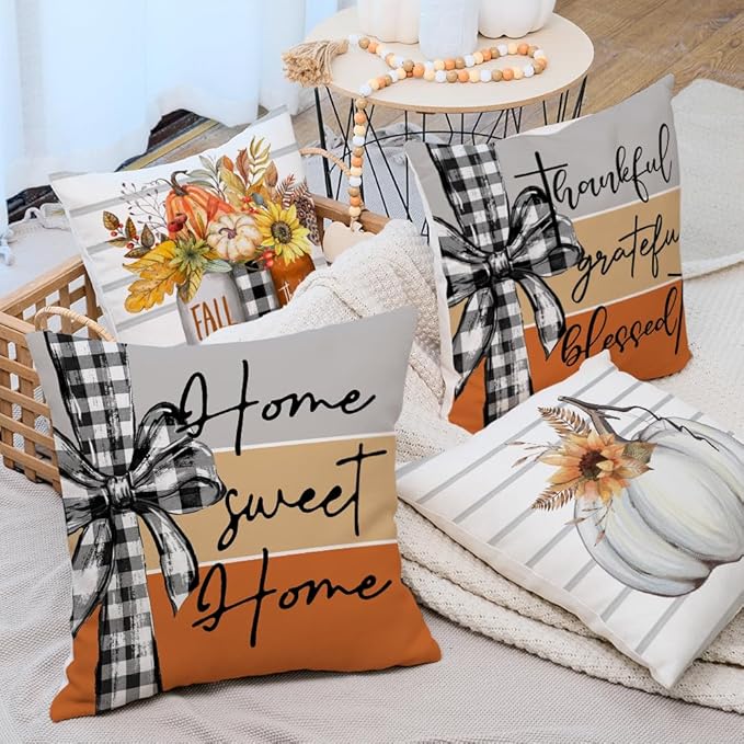 AACORS Fall Pillow Covers 16 x 16 Inch Set of 4, Pumpkin Home Sweet Home Thankful Grateful Blessed Harvest Floral Decorations Autumn Seasonal Pillow Case Decor for Sofa Couch AA557-16