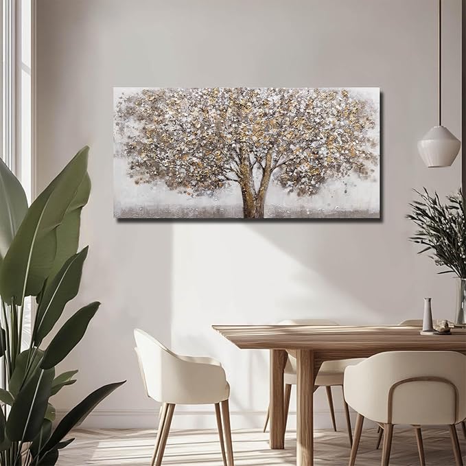 CHUDANHAO Grey Art Posters Big Tree Wall Decor Pictures for Office Gold and White Wall Art Botanical Painting for Living Room Kitchen 24x48 Inch