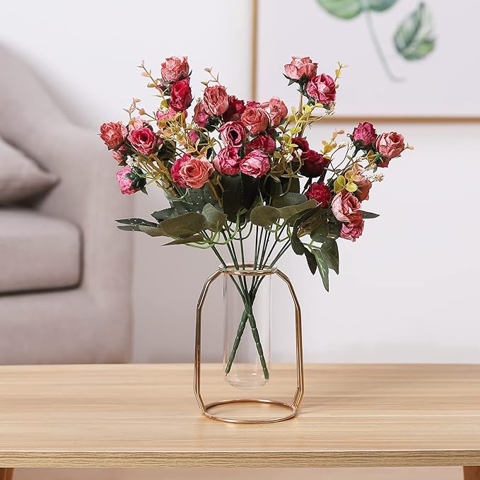 Duovlo 7 Branch 21 Mini Rose Heads Artificial Flowers Bouquet Wedding Home Office Decor,Pack of 2 (2 PCS Rose Red)