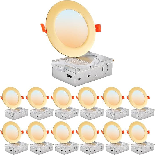 DLLT LED Recessed Ceiling Lights: 12 Pack 4 Inch 5CCT Ultra-Thin Lighting with Junction Box for Bedroom - 900LM Brightness 9W Eqv 80W Dimmable Canless Wafer Downlight with ETL&FCC-Gold