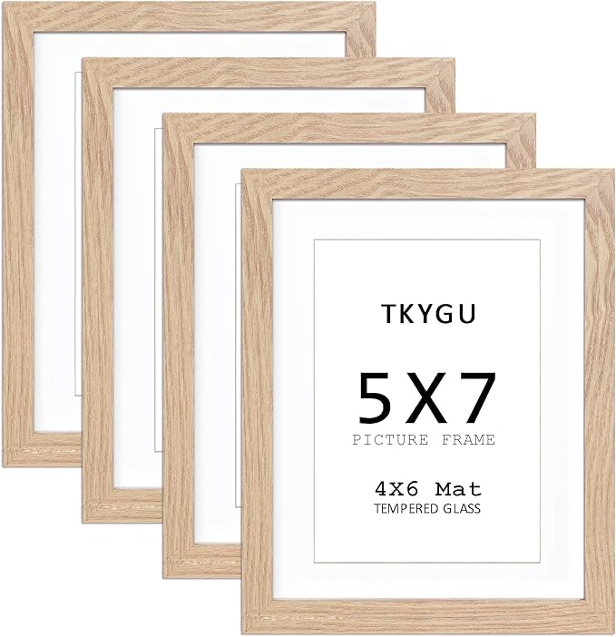 5x7 Natural picture frame with mat 4x6 set of 4, Modern Style Wood Composite frames-Tempered Glass Table or wall-horizontal or vertical frames best gift home decor