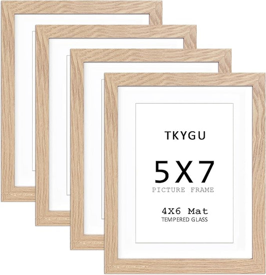 5x7 Natural picture frame with mat 4x6 set of 4, Modern Style Wood Composite frames-Tempered Glass Table or wall-horizontal or vertical frames best gift home decor