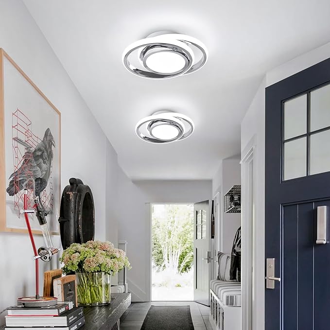 CANEOE Small Modern Ceiling Light,6000K Cool White Round Led Hallway Light Fixtures Ceiling,Chrome Design Close to Ceiling Lamp for Hallway Kitchen Balcony Cloakroom Laundry Room