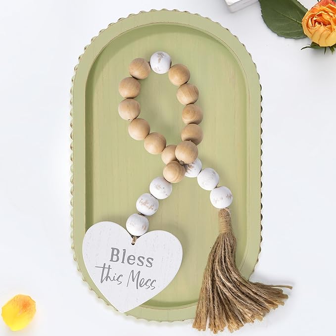 HPC Decor 15in Oval Tray for Home Decor - Green Wood Beaded Tray - Decorative Serving Tray,Rustic Farmhouse Wooden Trays for Vintage Centerpiece,Kitchen Counter,Living Room Decor,Coffee Table Decor.