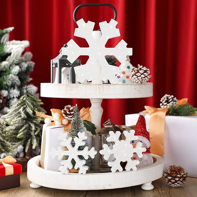 Bucherry 3 Pcs Winter Wooden Snowflake Decor Rustic Winter Snowflake Table Signs Wonderland Wood Blocks Farmhouse Christmas Tiered Tray Decorations for Xmas Table Shelf(Glitter White)