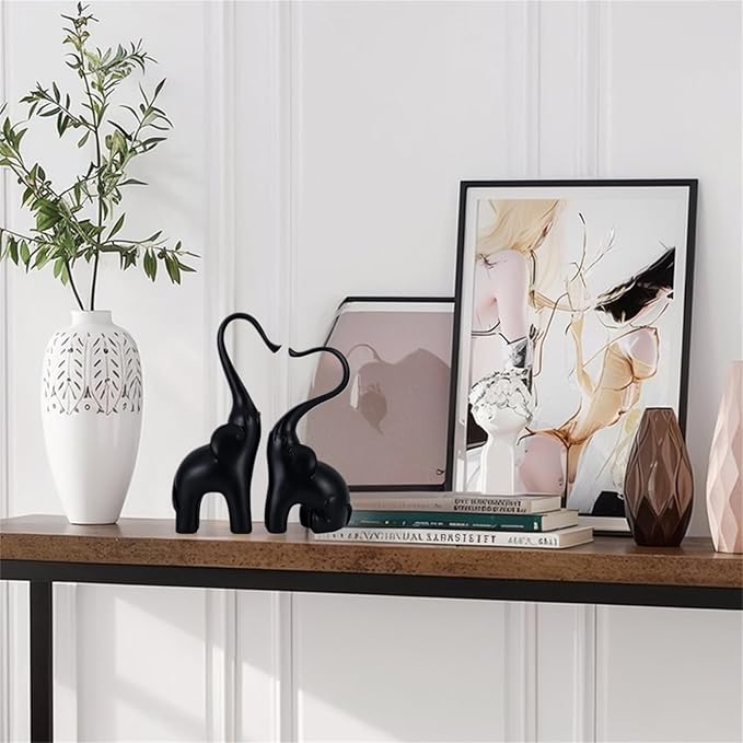 Loving Elephant Statues Home Decor, Small Black Elephant Figurines in Love, Elephant Sculpture Heart Decorative Objects for Bookshelf Decor