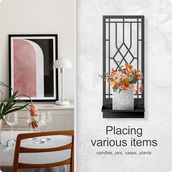 Wall Sconces Candle, Black Metal Wall Decor, Retro Wall Candle Holder for Living Room, Dining Room, Bedroom, Bathroom (2 Pack, 16.5 x 7 in)