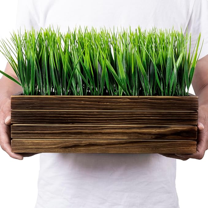 MyGift 14 Inch Artificial Green Grass Plant in Rustic Burnt Solid Wood Rectangular Crate Style Planter Box, Indoor Decor Faux Greenery in Decorative Wooden Container