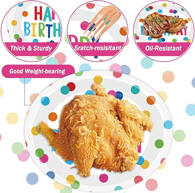 Birthday Party Oval Paper Plate 11inch Large Happy Birthdays Plates and Napkins, Colorful Dots Party Decoration Favor Dish Tray for Bday Baby Shower Holiday Gathering Supplies Tableware, 25 Guest