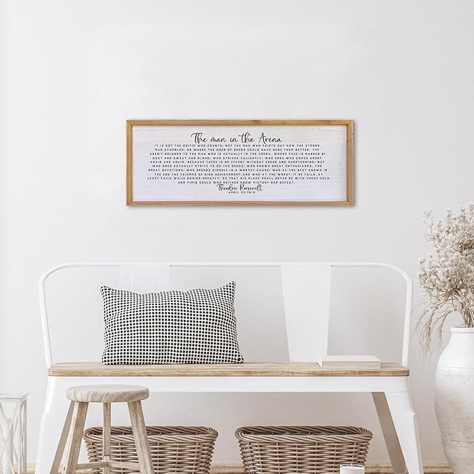 Surfapans The Man In The Arena Wall Decor 32"x12" Morden Office Motivational Wood Framed Sign For Men Large Farmhouse Living Room Inspirational Quotes Positive Speech Home Wall Decoration (Wood)