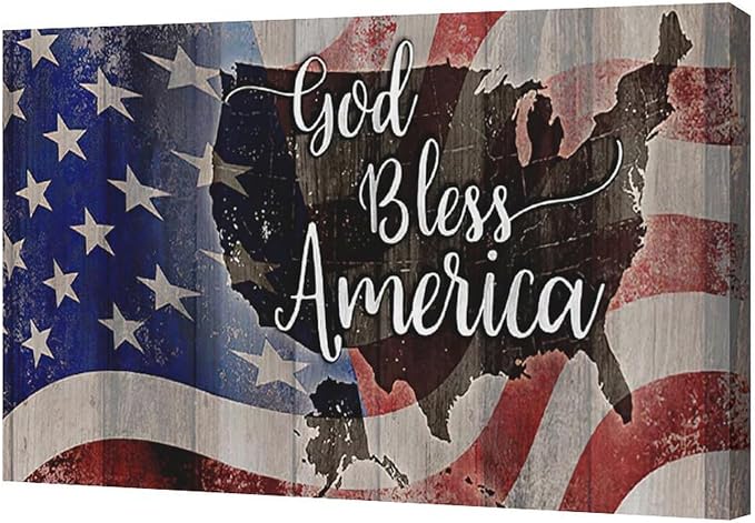 Large American Flag and USA Map Wall Art Rustic United States Map Pictures Wall Decor God Bless America Canvas Painting Print Home Decor Artwork Framed for Living Room Bathroom Master Bedroom 24"x16"