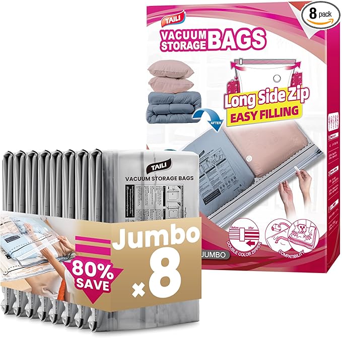 TAILI 8 Pack Vacuum Storage Bags, Jumbo Size 39x28 inch, LONG SIDE ZIP Vacuum Seal Bags for Beddings, Extra Large Storage Space Saver for Clothing, Comforters, Blankets, Pillows