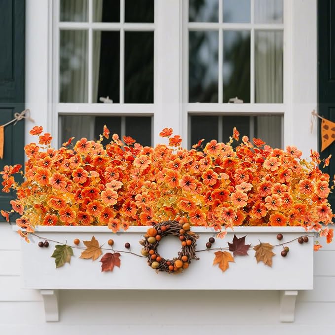 12 Pack Artificial Fall Flowers Orange Autumn Indoor Outdoor Floral Stems Faux Silk Violet Flower for Home Garden Porch Window Yard Wedding Thanksgiving Decoration Table Centerpiece Decor
