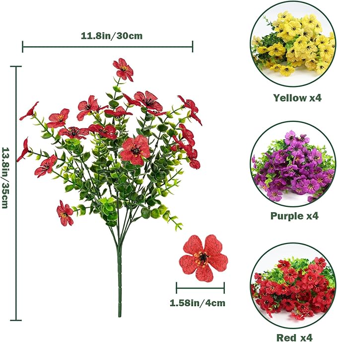 Nepfaivy Artificial Outdoor Flowers UV-Resistant - Fake Outdoor Flowers That Look Real 12 Bundles 3 Colors, Realistic Artificial Flowers for Outdoors Fade Resistant, Faux Flower for Outside Planters