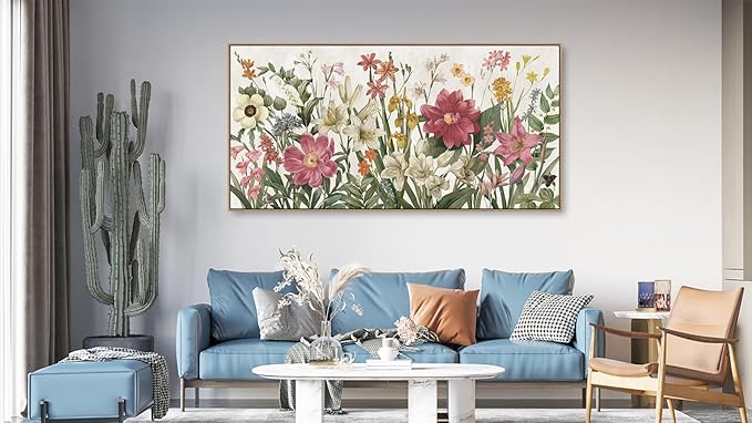 arteWOODS Botanical Framed Wall Art - Flowers Canvas Pictures Wall Decor Wildflowers Plants Painting Artwork Red Beige Blooming Floral Prints for Living Room Bedroom 58 x 29in Natural Wood Frame