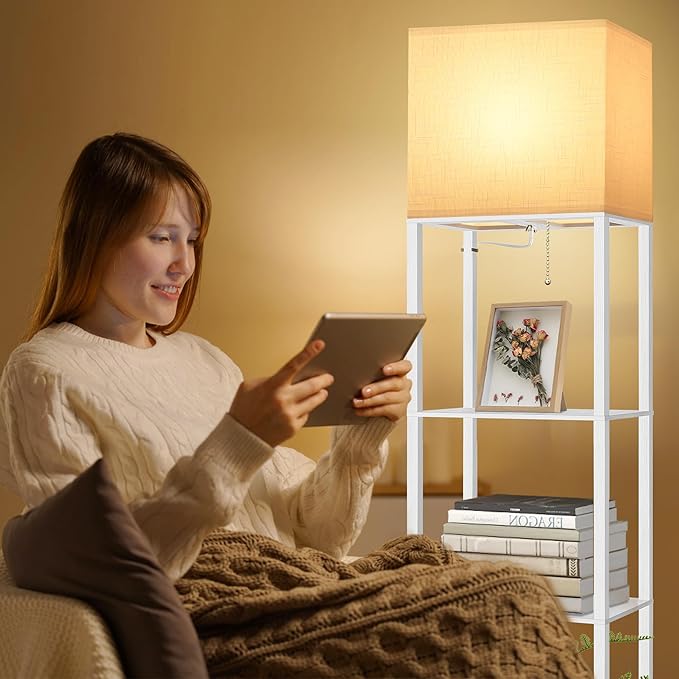 Dott Arts Floor Lamp with Shelves, Wide Floor Lamps for Living Room Display Shelf Lamps with 3 Color LED Bulb,Storage Wood Modern Floor Lamp for Bedroom Standing Lamp for Living Room Office（White）