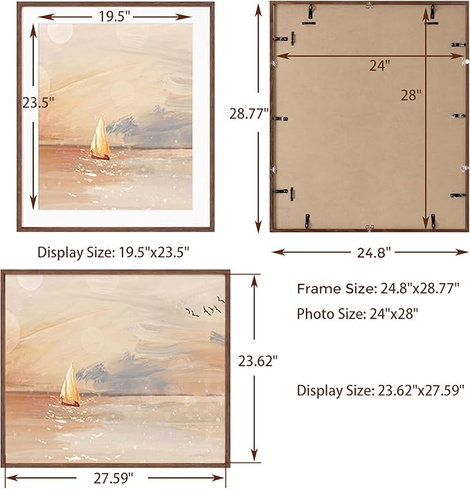 24x28 Picture Frame, Solid Oak Wood Frame 24 by 28, Rustic Wood Poster Frame 24"x28", 24x28 Frame with Mat for 20x24, 24 x 28 Frame with Tempered Real Glass (Walnut Color, 1 Pack)