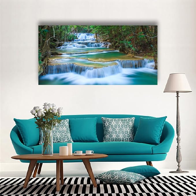 Waterfall Pictures Canvas Wall Art for Living room Bedroom Wall Decor,Green Water Wall Art Print Paitnings for home Decor,Morden Artwork Tree River Water Canvas Art Waterproof Stretched Ready to
