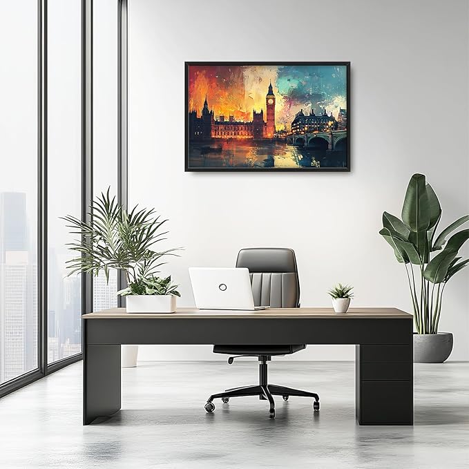 London Big Ben Framed Wall Art for Living Room, Large Cityscape Canvas Wall Decor, Bridge Pictures Painting, Natural Landscape Modern Artwork for Bathroom Bedroom 36L'' × 24W''
