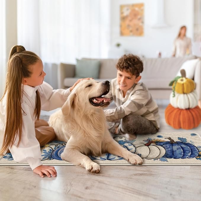 Fall Blue and White Porcelain Pumpkin Kitchen Rugs Set of 2, Autumn Sunflower Kitchen Mats Decor, Thanksgiving Seasonal Floor Door Mat Home Decorations - 17x29 and 17x47 Inch