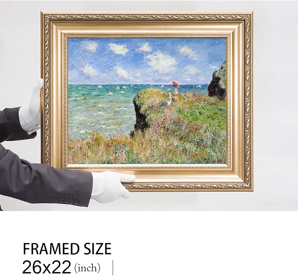 DECORARTS - The Cliff Walk At Pourville by Claude Monet. Classic Art Reproduction, Giclee Print on Canvas. Ready to Hang Framed Wall Art for Wall Decor. Total Size w/Frame: 26x22