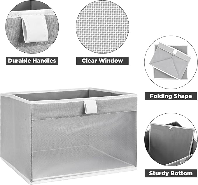 Linen Closet Organizers and Storage, Closet Storage Bins Basket Organizer, Foldable Organization Baskets with Mesh Window for Clothes Towels and Toys, 12.75" x 12.75" x 9", Gray, 4 pack
