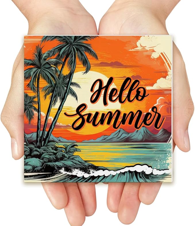 Hello Summer Decor Beach Wood Block Sign Sun Coconut Palm Decorations for Home Desk Table Shelf 5 x 5 Inches