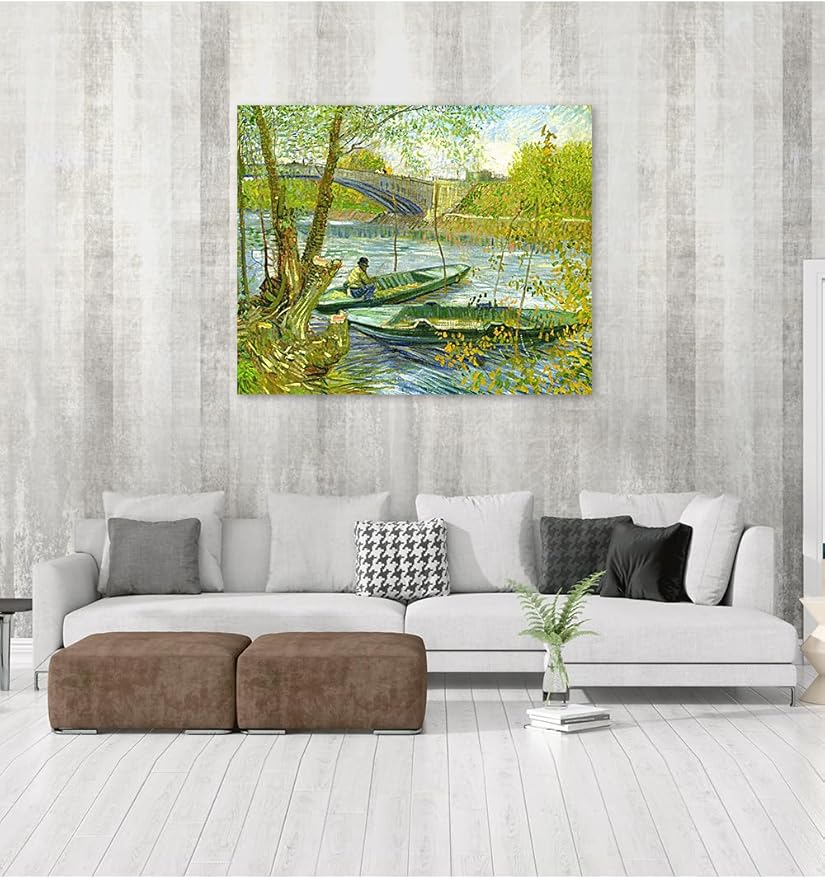 DECORARTS - Fishermen And Boats From The Pont De Clichy, Vincent Van Gogh Art Reproduction. Giclee Canvas Prints Wall Art for Home Decor 40x32