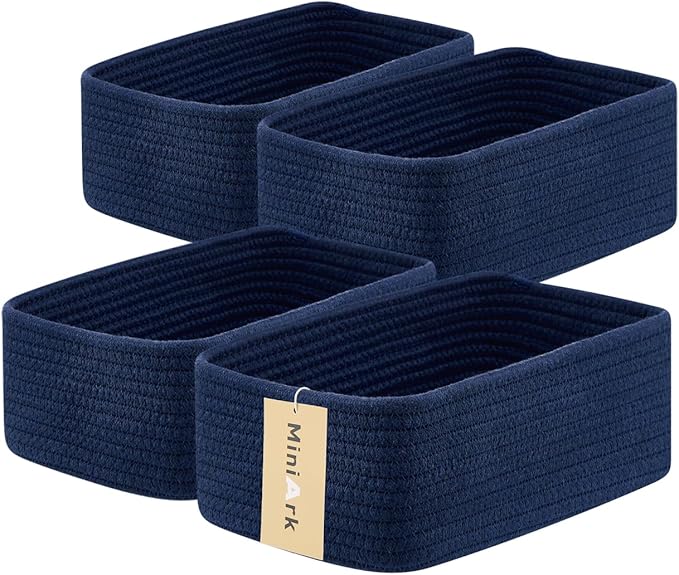 Small Storage Baskets for Organizing | Closet Organizer Bins | Shelf Toy Basket | Woven Rope Baskets | Cube Decorative Box | Shallow Basket | 11.5x7.5x4.7” | 4 Packs Navy Blue