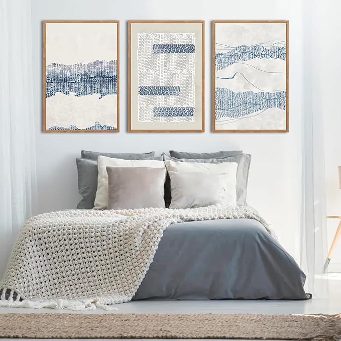 IARTTOP Large Blue Abstract Canvas Wall Art Framed 24x36 Inch Neutral Minimalist Modern Wall Art Mid Century Boho Artwork for Living Room Bedroom Office Set of 3