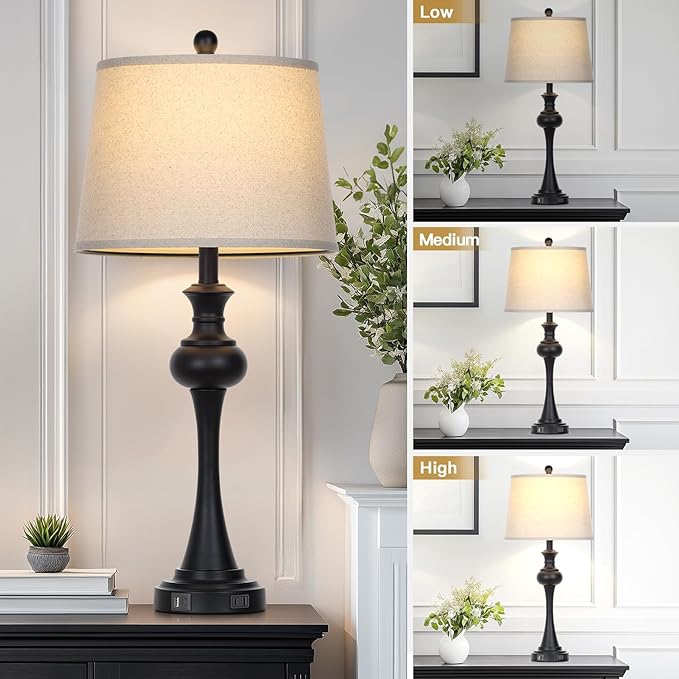 28.75" 3-Way Touch Control Modern Table Lamp Set of 2 for Living Room, Bedside Lamp with USB A+C Ports, Mid Century Black Table Lamps, Nightstand Lamps Set,Beige Fabric Shade Vintage Accent Style