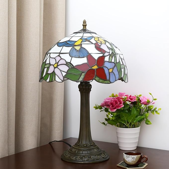Tiffany Style Stained Glass Table Lamp 12-Inch Blue Hummingbird Reading Bedside Lamp Suitable for Study Living Room Bedroom Coffee Shop Retro Table Lamp Home Decoration Art