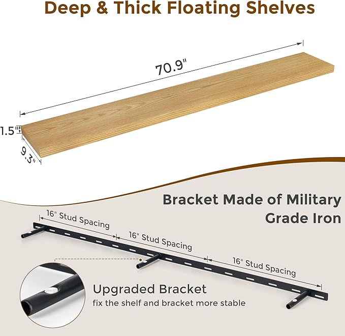 72 Inch Floating Shelves, 72 x 9.3 Rustic Wooden Fireplace Mantel, 9.3 Inch Floating Shelf for Wall, Farmhouse Wall Shelves for Home Storage & Display, Oak Color, Set of 1