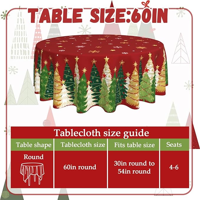 Christmas Round Tablecloth 60x60 Inch Xmas Snowflakes Trees Table Cover Holiday Decorations Seasonal Decor for Home Kitchen Dining Room Picnic Party Winter Red