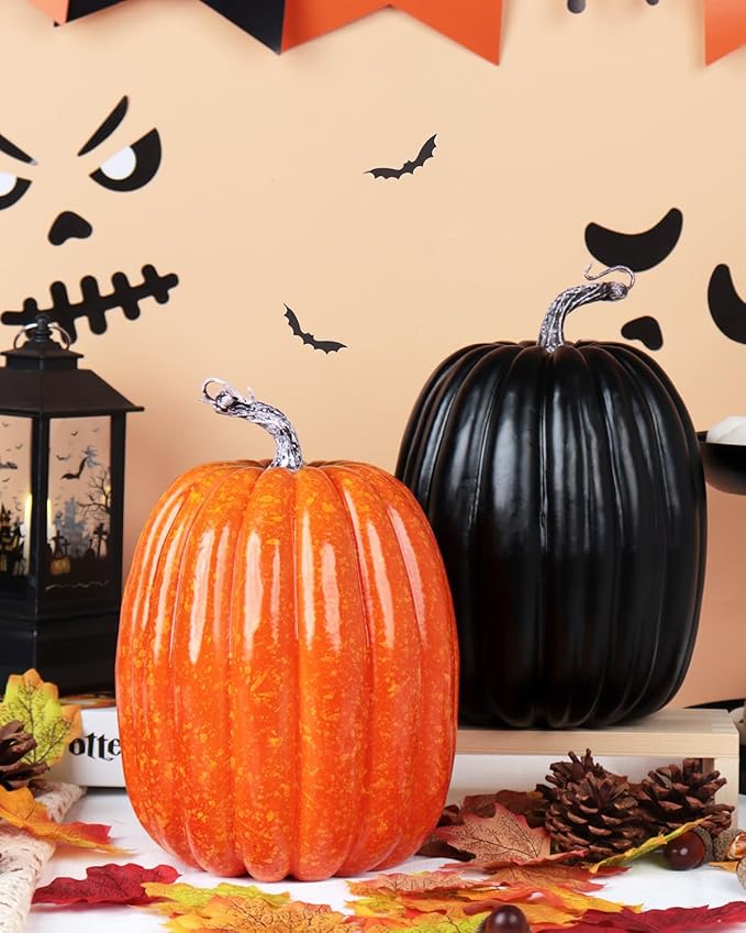 vensovo 2PCS 8 Inch Plastic Pumpkins for Decorating - Black & Orange Large Artificial Foam Pumpkins for Fall Decor, Halloween, Thanksgiving, Paintable for DIY Crafts & Centerpieces
