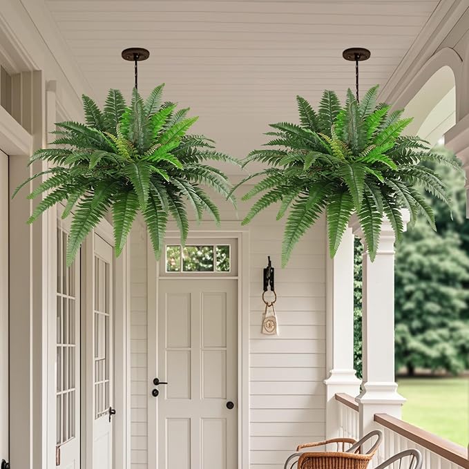 38" Artificial Boston Ferns Bush Plants, Set of 2, Large Faux Ferns Hanging Decor with 47 Fronds, Fake Vines Indoor Or Outdoors Planter for Home and Office Decor