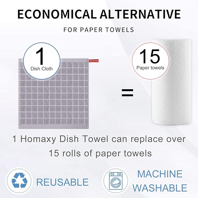 Homaxy 100% Cotton Terry Kitchen Dish Cloths, Ultra Soft and Absorbent Dish Towels for Kitchen, Suitable for Drying and Washing Dishes, 8 Pack, 12 x 12 Inches, Light Grey