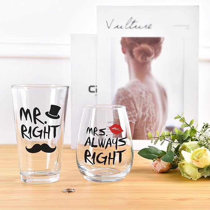 Mr. Right and Mrs. Always Right Stemless Wine Glass and Beer Glass, Funny Couple Set for Her Him Newlywed Couples - Ideal for Wedding Anniversary Valentines Birthday Christmas, 12Oz