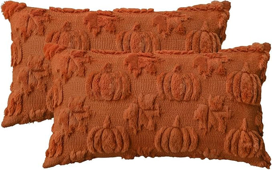 AVOIN colorlife Fall Pumpkin Maple Leaves Caramel Throw Pillow Covers, 12 x 20 Inch Seasonal Autumn Thanksgiving Harvest Soft Plush Faux Fur Jacquard Cushion Case Decoration for Sofa Set of 2