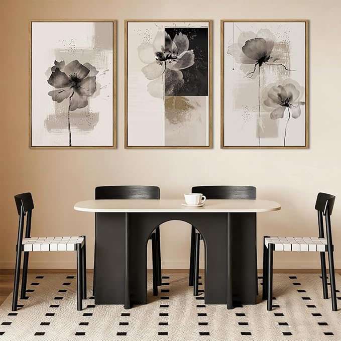 IARTTOP Extra Large Black Neutral Framed Wall Art 24x36 Inch Beige Tan Abstract Floral Canvas Wall Decor Set of 3 Minimalist Modern White Flower Art Prints for Living room Bedroom