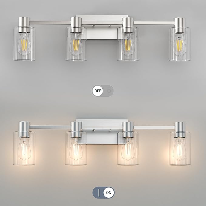 4-Light Modern Vanity Light Fixtures Over Mirror, Brushed Nickel Bathroom Light Fixtures, Vanity Lights, Wall Sconce with Clear Glass Shade for Bathroom, E26 Base