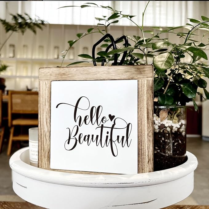 Hello Beautiful Sign, Rustic Wood Sign, Bathroom Decor Set, Wooden Box Signs for Home Decors, Modern Farmhouse Decor for Shelf Tabletop Desk, Housewarming Decors, Bathroom Box Signs B6-122